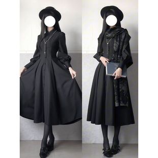 黑调修女 中长款收腰连衣裙冬季新款暗黑系优雅Lolita大摆连衣裙