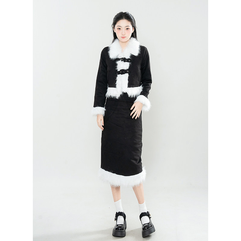 “雪域公主”韩系小香风设计感千金风毛领黑色外套半身长裙两件套