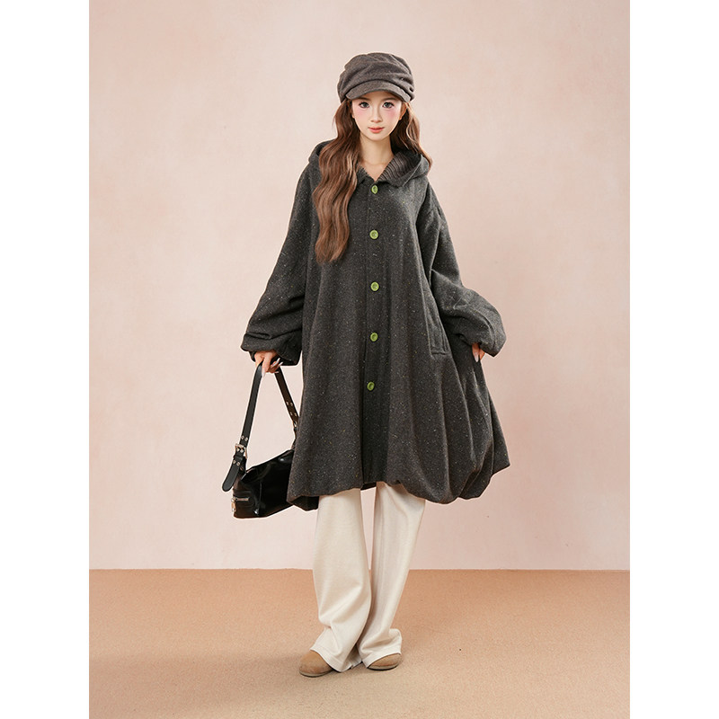 日系复古vintage设计感连帽花苞下摆中长款宽松毛呢大衣外套冬季