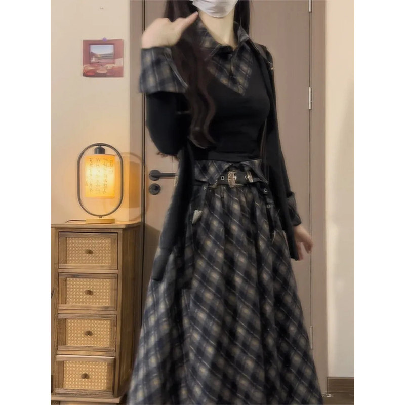 韩系氛围感复古格纹拼接假两件披肩针织上衣+半身裙两件套女秋冬