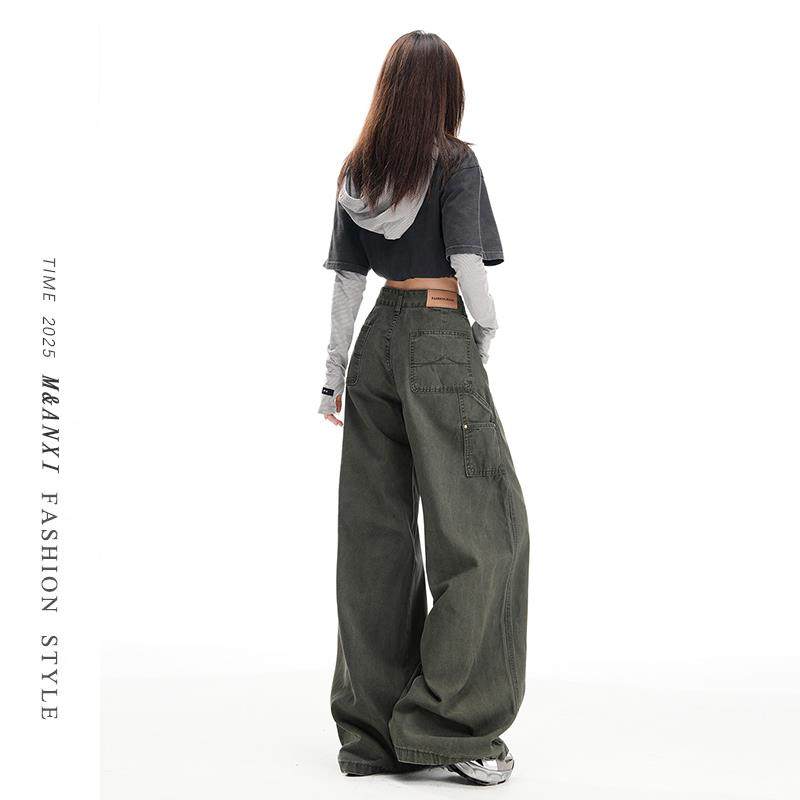 美式军绿色工装裤女2025秋季新款高腰显瘦宽松直筒阔腿牛仔裤子