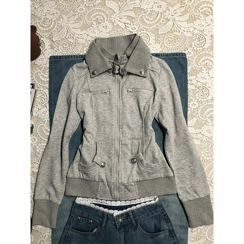 美式复古灰色工装立领夹克外套女秋季新款设计感小众显瘦长袖上衣