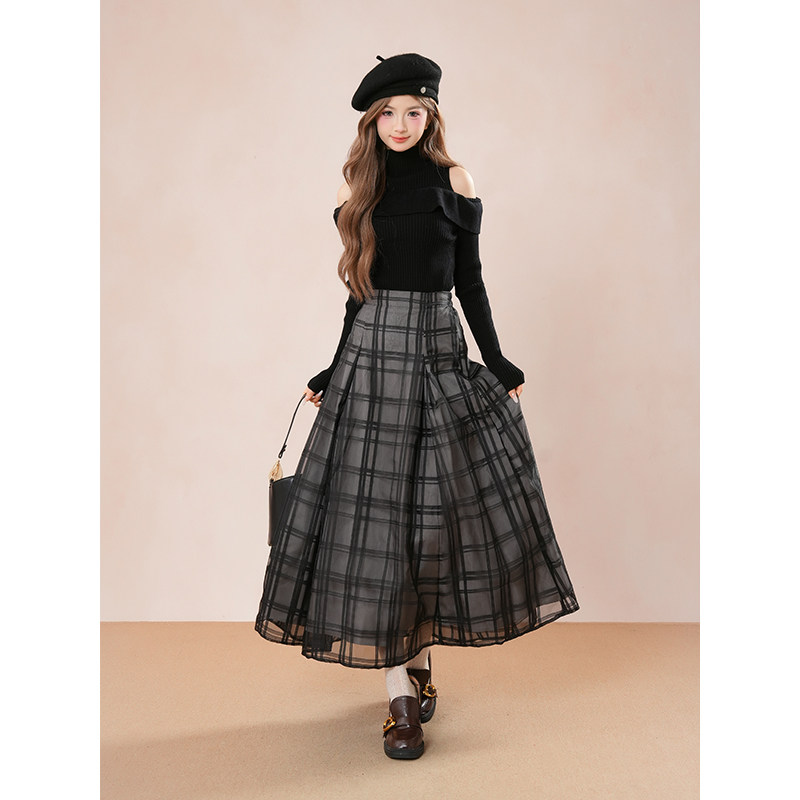 日系复古黑色修身上衣格纹半身裙两件套秋季新款小众百搭气质套装