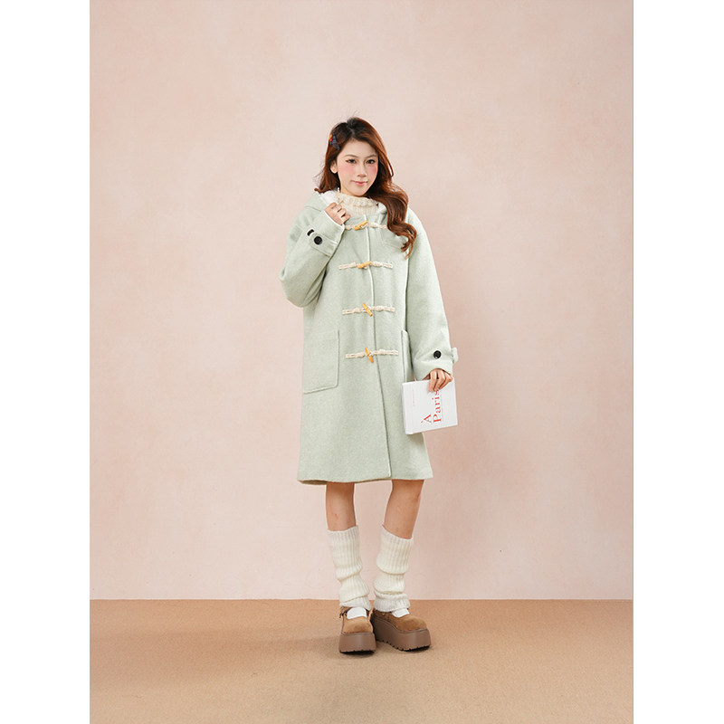 薄荷青提 冬季新款日系古早奈奈风设计感连帽中长款毛呢外套大衣