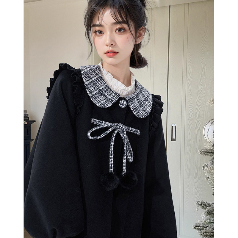 黑色娃娃领毛呢外套女秋冬可爱短款呢大衣百搭半裙甜美气质两件套