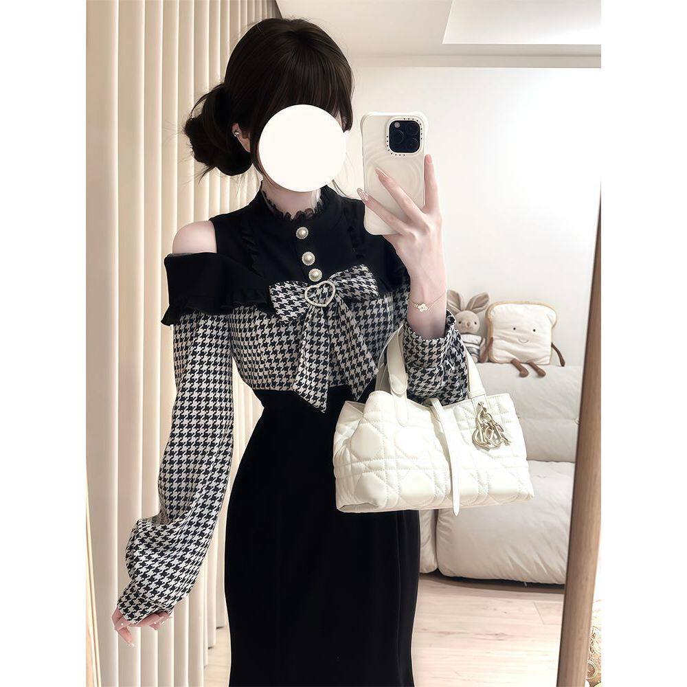 【心动女神】温柔清楚系日系蝴蝶结拼接格纹收腰显瘦鱼尾连衣裙