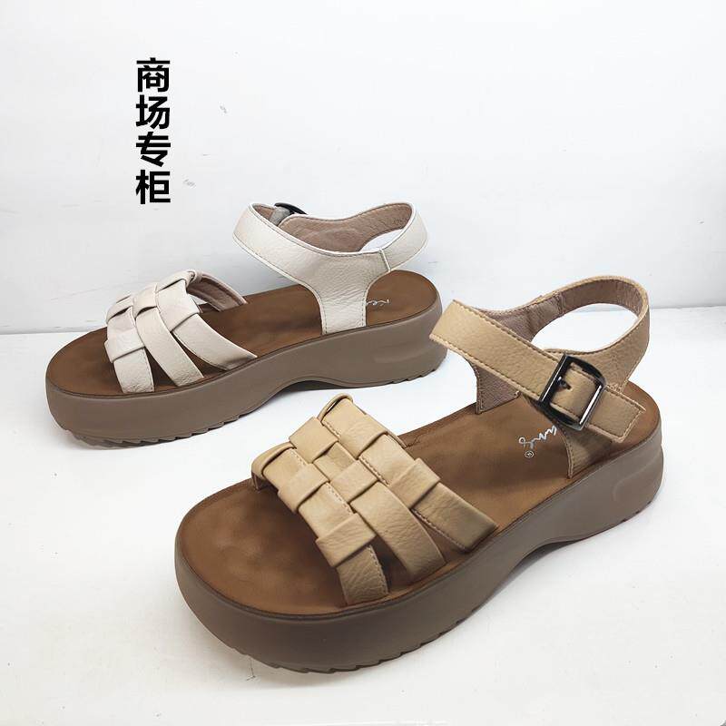 商场2025新款罗马真皮女凉鞋女款夏季软底平底鞋舒适魔术贴女鞋子