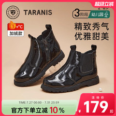 泰兰尼斯meta女童马丁靴冬季黑色皮鞋儿童鞋子切尔西短靴加绒皮靴