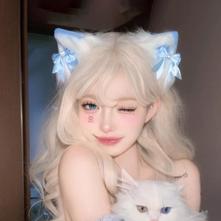 蓝色猫耳朵头饰女甜美Lolita漫展女仆发夹cos毛绒猫娘兽耳发饰卡
