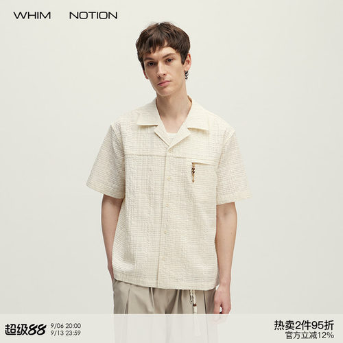 WHIMNOTION 26SS「麂皮串珠」古巴领格纹镂空短袖衬衫夏休闲上衣