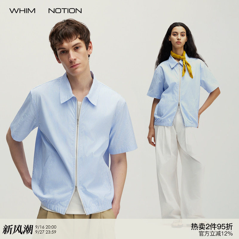 WHIMNOTION 26SS「夏季夹克」色织条纹拉链短袖衬衫宽松休闲外套										