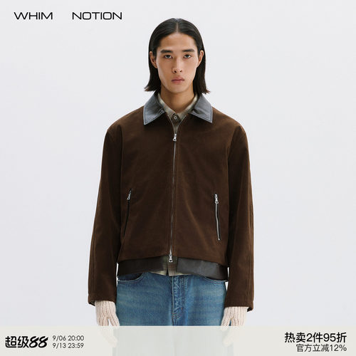 WHIMNOTION 26AW「双层拼接」皮领麂皮夹克秋季 老钱风拉链外套