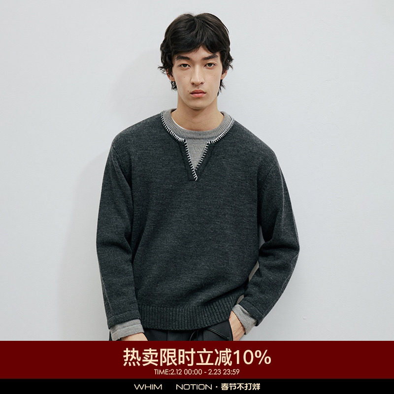 WHIMNOTION 25AW「假两件手缝线」澳洲进口美利奴羊毛亨利领毛衣