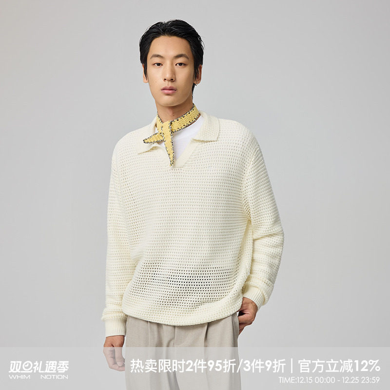 WHIMNOTION 25AW澳洲美利奴羊毛柔软镂空针织polo衫长袖老钱新贵