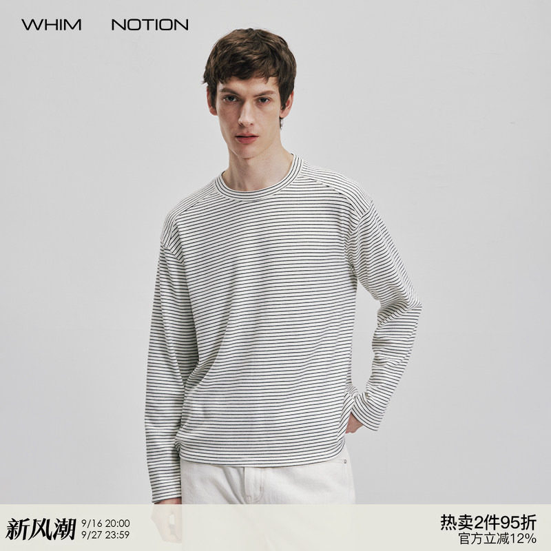 WHIMNOTION「慵懒松弛」肩部错位条纹圆领长袖打底衫休闲百搭T恤