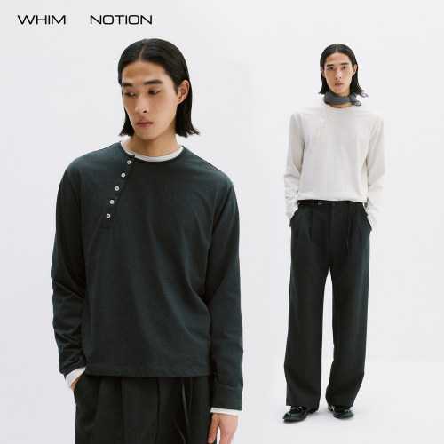 WHIMNOTION 26AW「弧形门襟」卷边领口花纱亨利领长袖T恤百搭罩衫