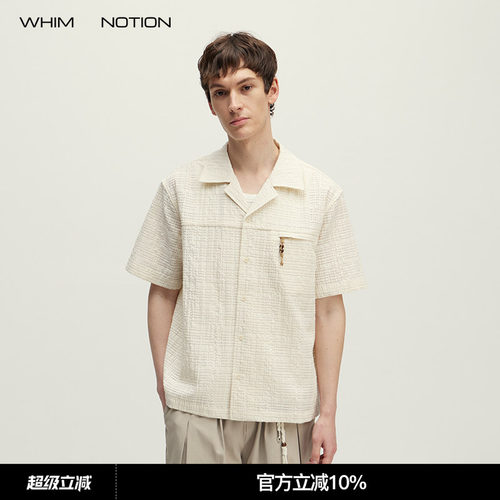 WHIMNOTION 26SS「麂皮串珠」古巴领格纹镂空短袖衬衫夏休闲上衣