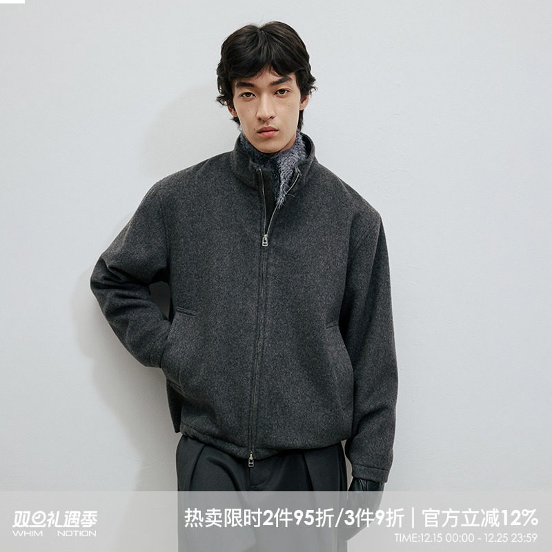 WHIMNOTION 25AW「700g重磅羊毛」立领拼皮双拉链夹克毛呢外套