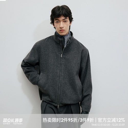WHIMNOTION 25AW「700g重磅羊毛」立领拼皮双拉链夹克毛呢外套