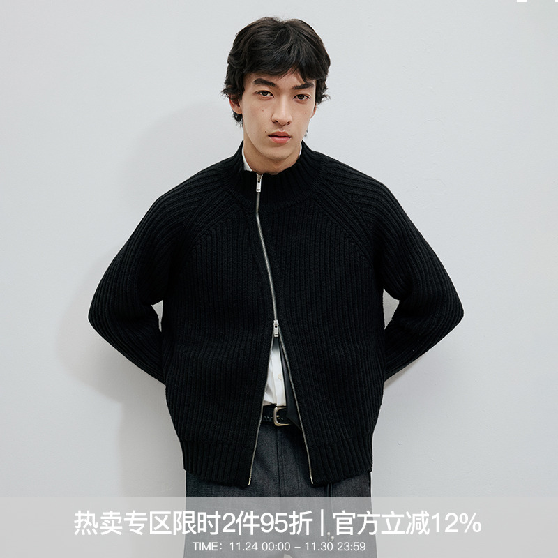 WHIMNOTION 25AW「斜拉链」重磅进口美利奴羊毛混纺针织毛衣外套