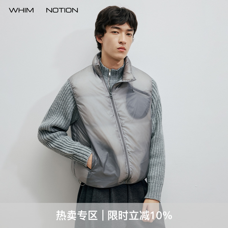 WHIMNOTION 25AW透视结构斜拉链防泼水羽绒马甲超轻量化90白鸭绒