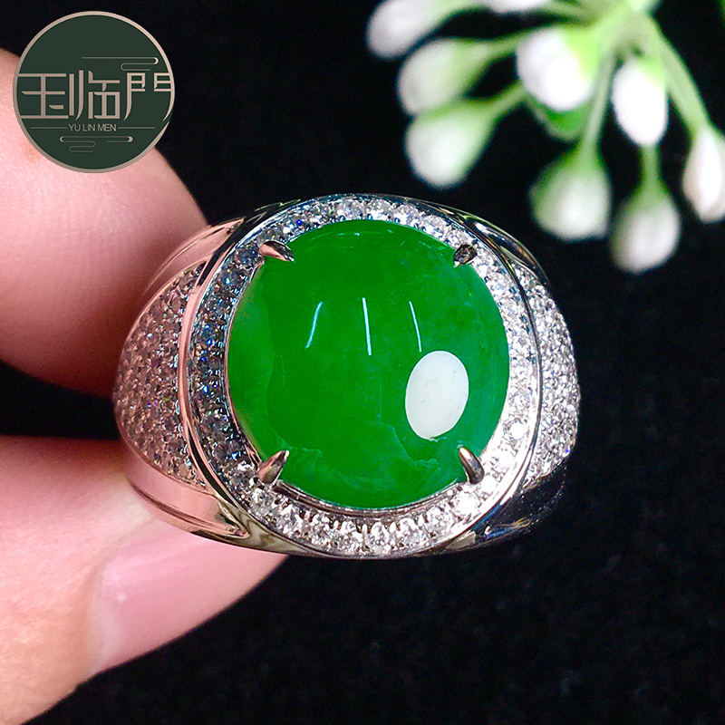 玉临门缅甸老坑天然a货翡翠冰种满色阳绿蛋面18k金镶嵌翡翠戒指男