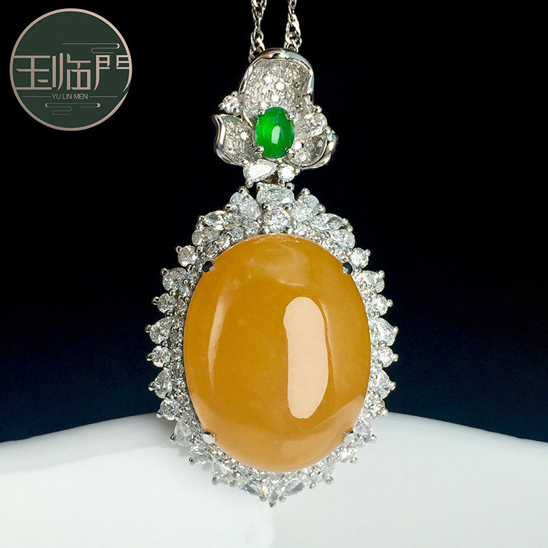 玉临门缅甸老坑天然a货翡翠冰种黄翡鸽子蛋18k金镶嵌翡翠吊坠女士