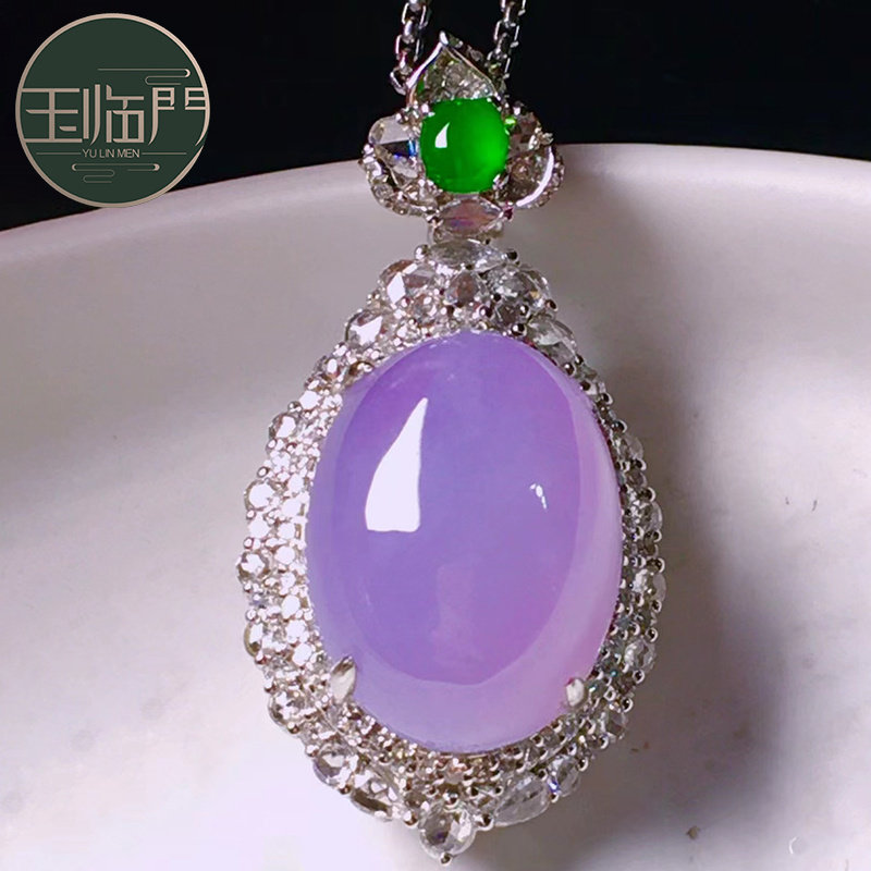 玉临门冰种紫翡翠鸽子蛋吊坠女饱满厚装简单时尚 18k金镶嵌钻石