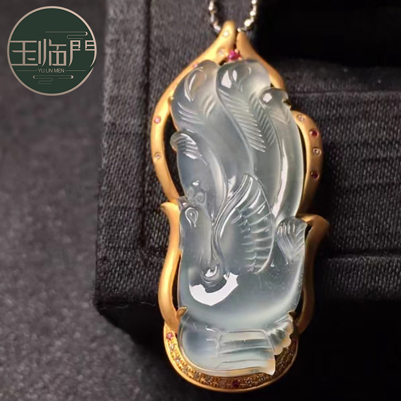 玉临门冰种底色翡翠凤凰吊坠女 18k金镶嵌钻石简约大气清爽老坑