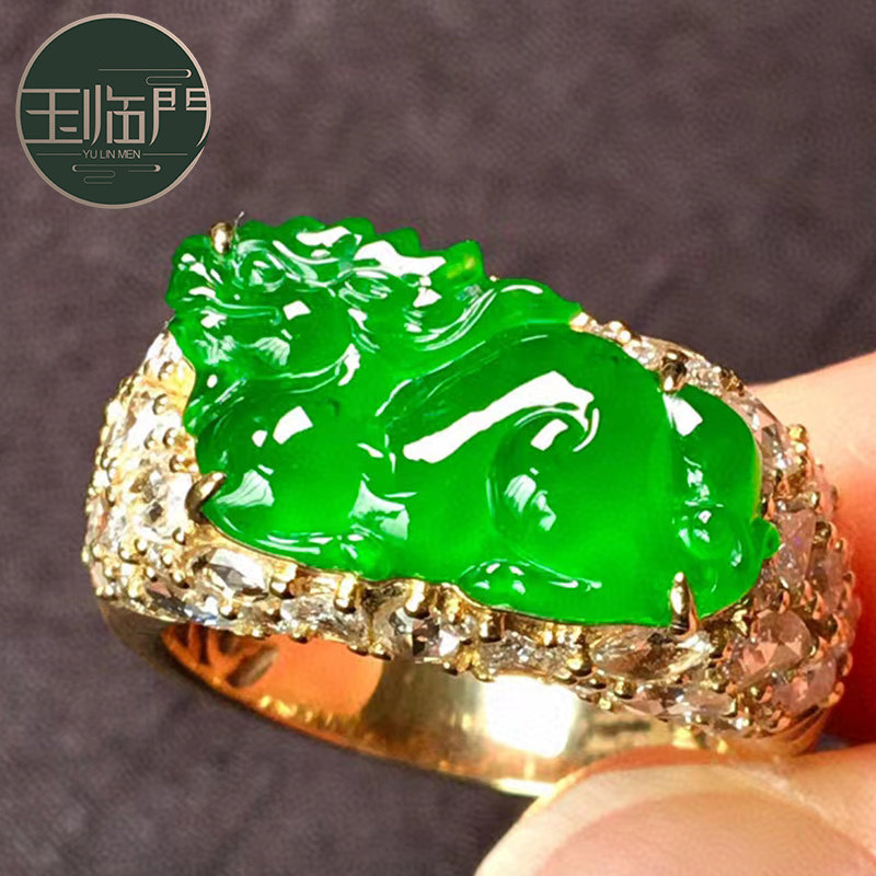 玉临门冰种阳绿翡翠麒麟戒指男时尚大气吉祥美好 18k金镶嵌钻石