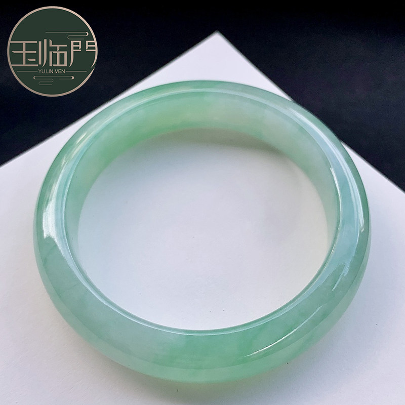 玉临门缅甸a货天然绿底翡翠正圈手镯圈口58 冰糯种翡翠玉手镯女士