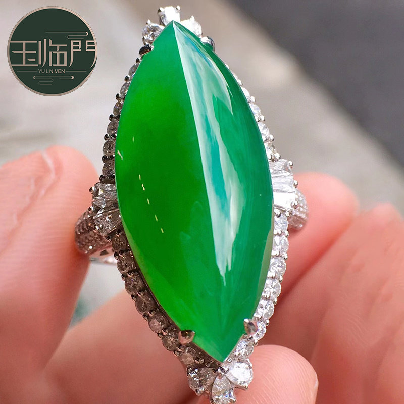 玉临门冰种阳绿翡翠马眼戒指两用款女细腻起胶附证 18k金镶嵌钻石