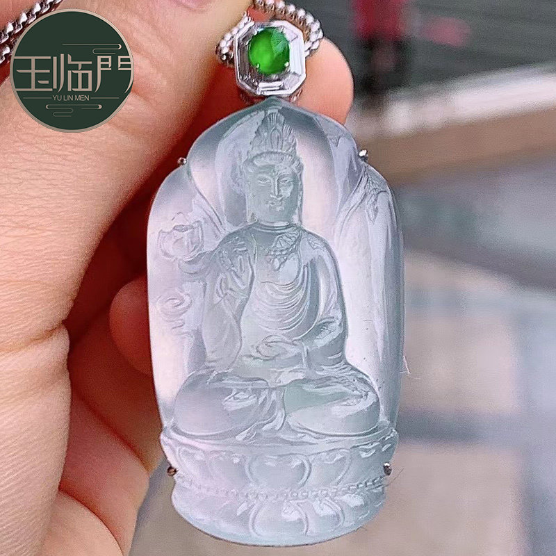 玉临门缅甸老坑天然a货翡翠玻璃种白底莲花观音18k金镶嵌翡翠吊坠
