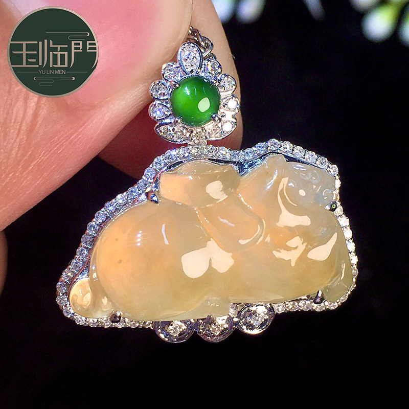 玉临门缅甸老坑天然a货翡翠冰种黄翡唐马18k金镶嵌翡翠吊坠女士