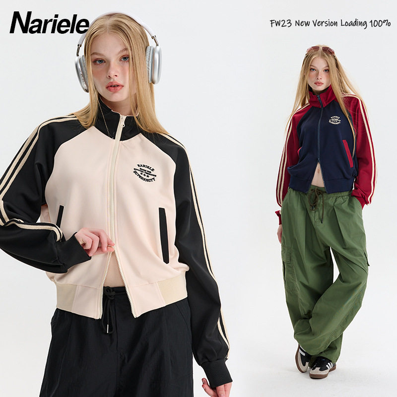 Nariele早秋新款欧美ins撞色条纹袖开衫卫衣短款立领长袖外套
