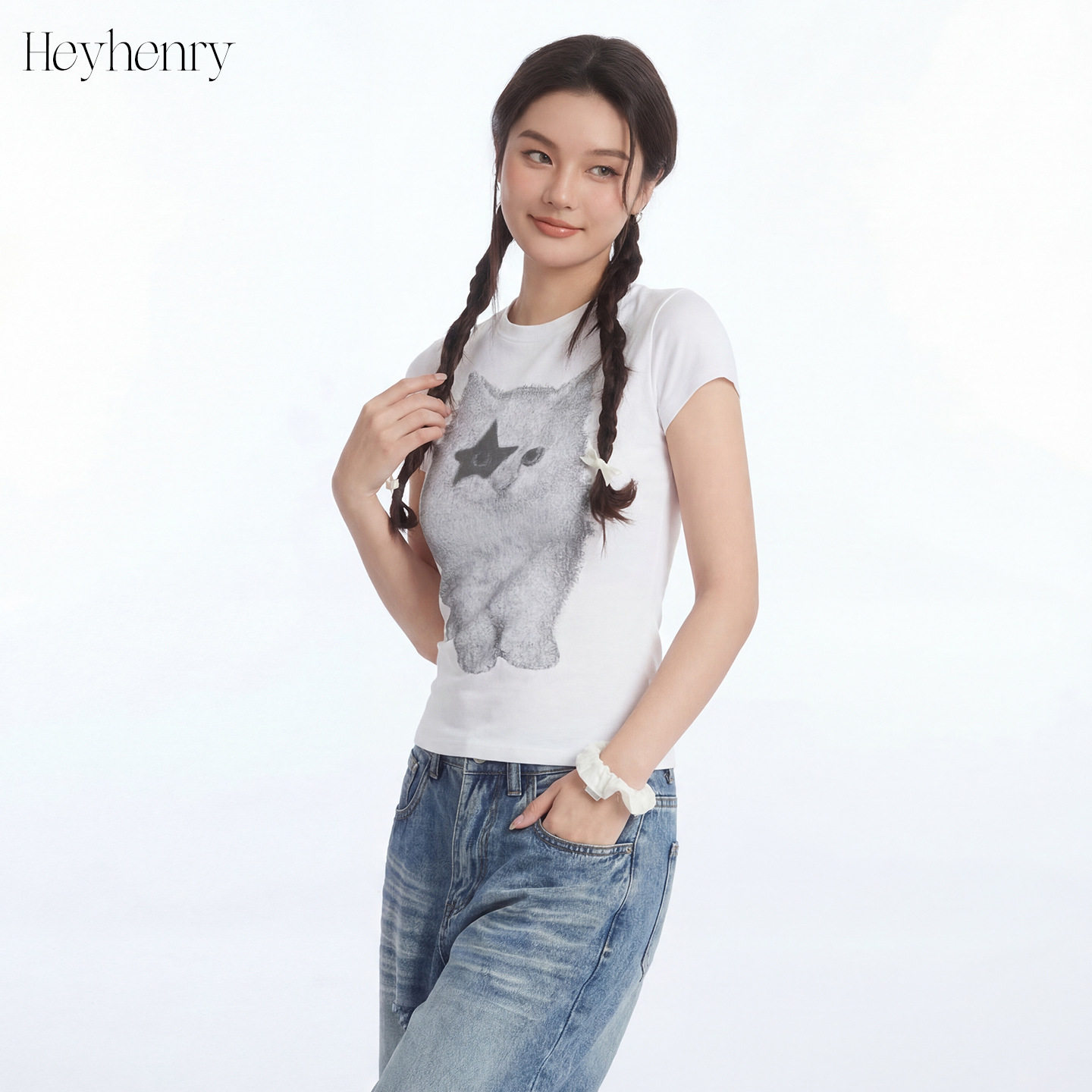 Nariele猫咪辣妹印花正肩短袖t恤女夏季美式修身显瘦休闲小上衣