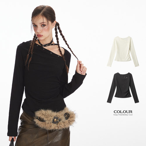 Nariele斜领设计感修身显瘦长袖t恤女美式辣妹收腰内搭短款