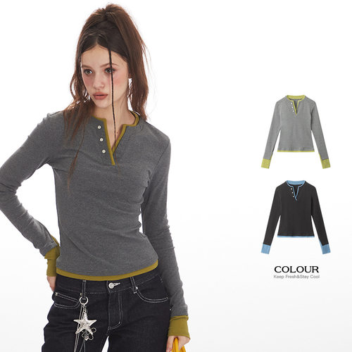 Nariele假两件美式复古修身显瘦长袖t恤女秋季内搭打底短款