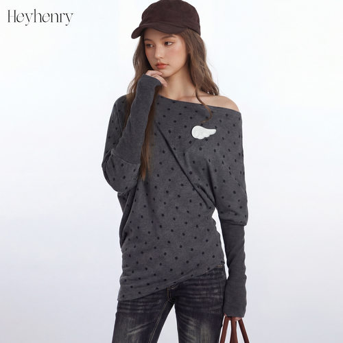 HeyHenry 不规则波点斜肩长袖t恤女设计感辣妹露肩春秋季慵懒上衣