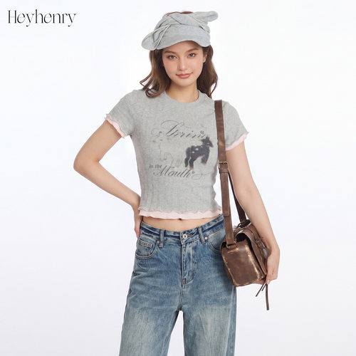 HeyHenry 美式复古正肩短袖T恤女2026夏季假两件辣妹修身短款上衣