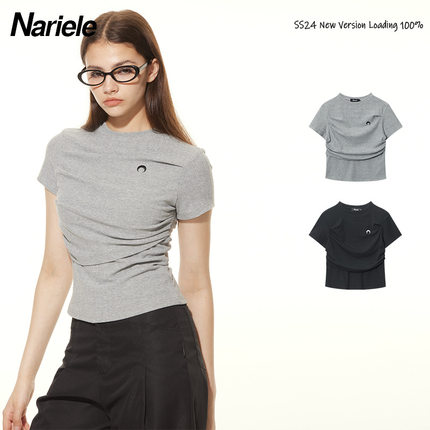 Nariele美式修身收腰月亮褶皱短袖T恤短款辣妹灰色正肩上衣女夏季