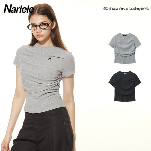 nariele月亮刺绣正肩皱褶短袖女