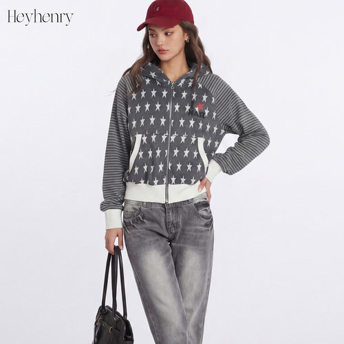 HeyHenry美式复古星星拉链开衫卫衣女连帽短款潮牌宽松春秋季外套