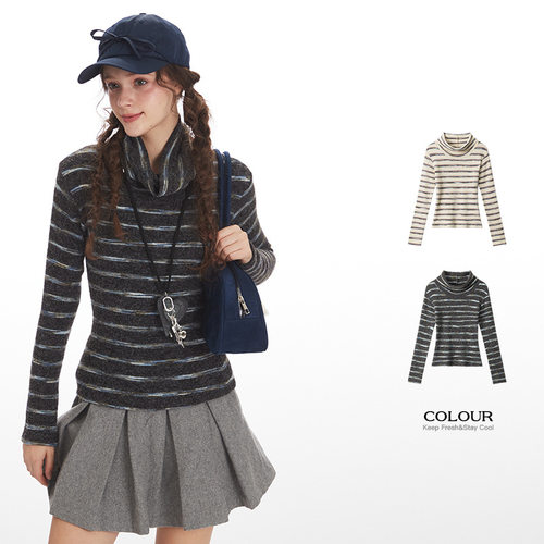 Nariele半高领条纹长袖T恤女紧身打底衫秋冬季修身显瘦内搭