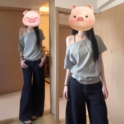 2025新款一字肩露肩灰色短袖t恤女夏季设计感小众气质斜肩上衣女
