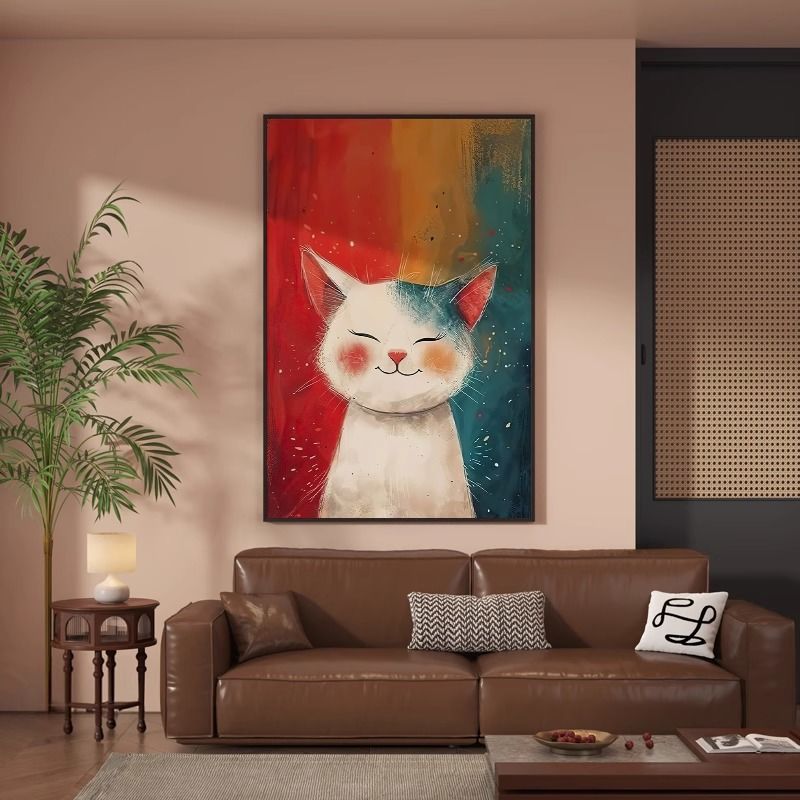 法式中古风彩色画卡通可爱猫咪趣味挂画多巴胺客厅餐厅玄关装饰画图片