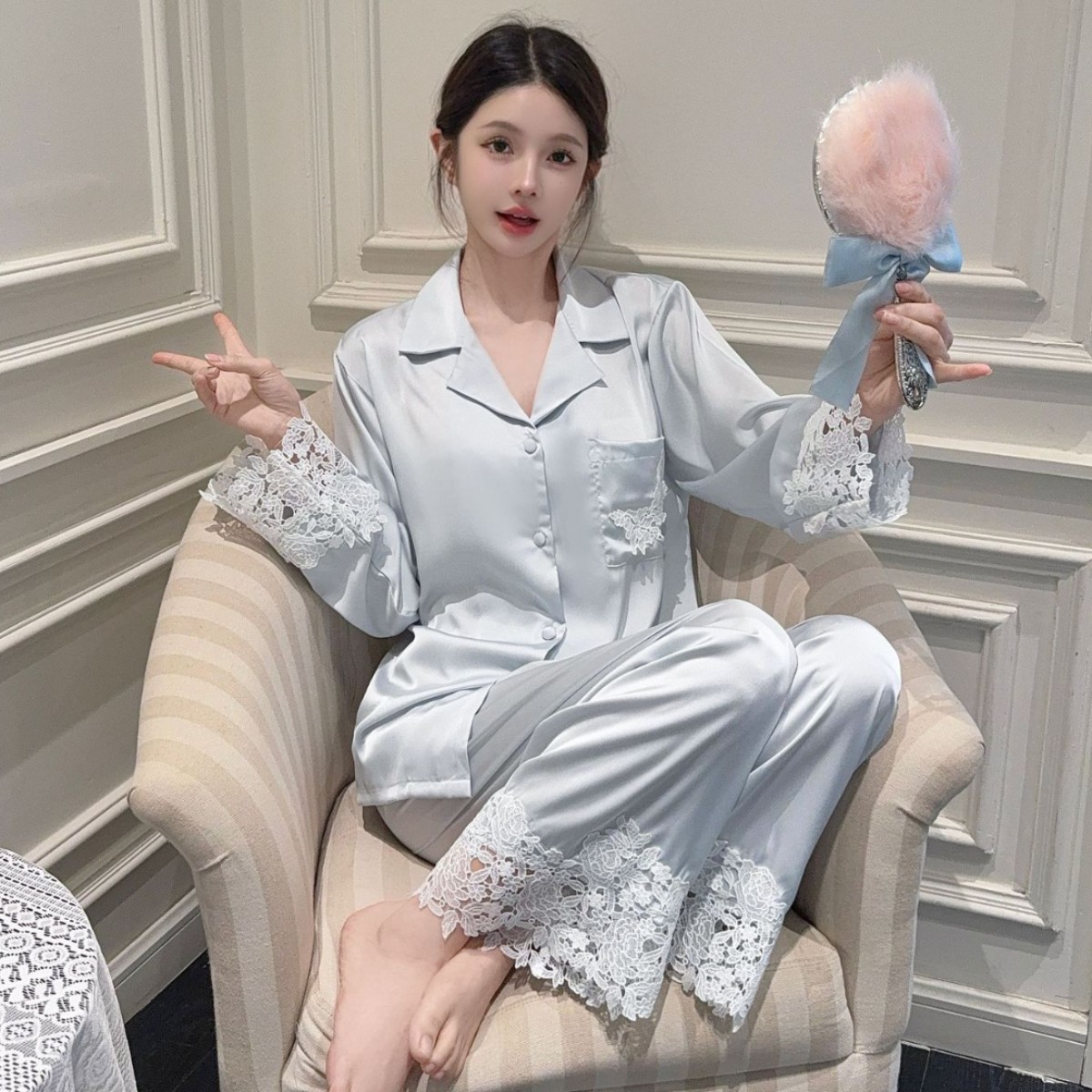 芬腾冰丝睡衣女春夏季新款长袖丝绸缎面家居服高级感长袖花边睡衣