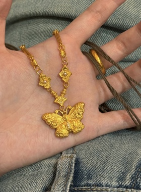 金包银錾刻蝴蝶吊坠项链新中式国风点钻毛衣链挂坠配饰可定制首饰