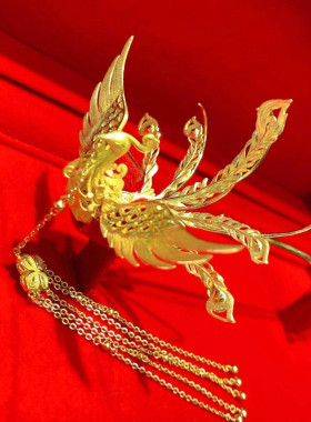 金包银凤凰发簪女古风旗袍中式婚礼新娘头饰簪子凤钗黄金色头钗