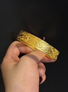 金包银古法錾刻吉言宽面手镯女开口镯子国风新中式首饰可定制饰品